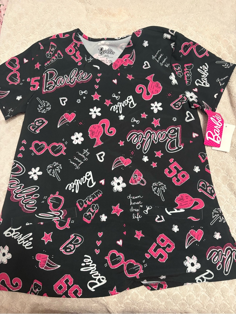 Barbie Black Tee with Hot Pink & White Graphic Motifs